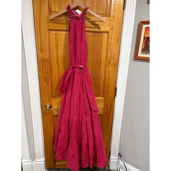 Rhode Julia Tiered Halter Maxi Dress Pink Red Printed 100% Cotton Size L - Picture 10 of 10